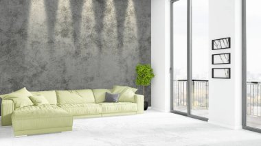 Yepyeni beyaz çatı katı yatak odası en az stil iç tasarım boşaltmak duvar ve görünümü penceresi dışında. 3D render.