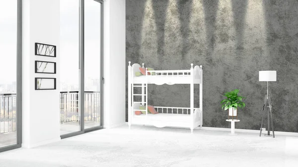 Yepyeni beyaz çatı katı yatak odası en az stil iç tasarım boşaltmak duvar ve görünümü penceresi dışında. 3D render.