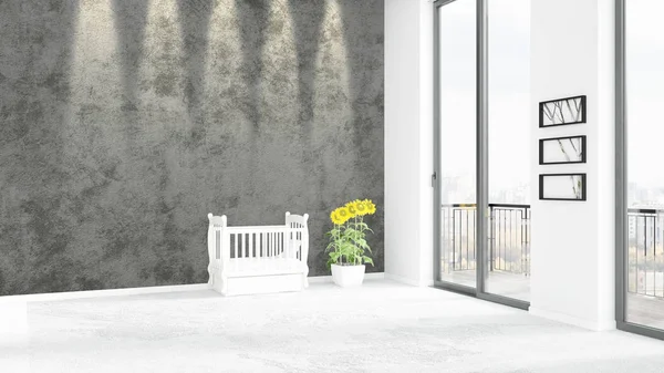 Yepyeni beyaz çatı katı yatak odası en az stil iç tasarım boşaltmak duvar ve görünümü penceresi dışında. 3D render.