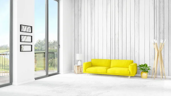 Nowy biały loft sypialnia minimalistycznym stylu wnętrz z tło ściany i widok z okna. renderowania 3D. — Zdjęcie stockowe