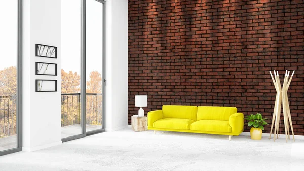 Yepyeni beyaz çatı katı yatak odası en az stil iç tasarım boşaltmak duvar ve görünümü penceresi dışında. 3D render.