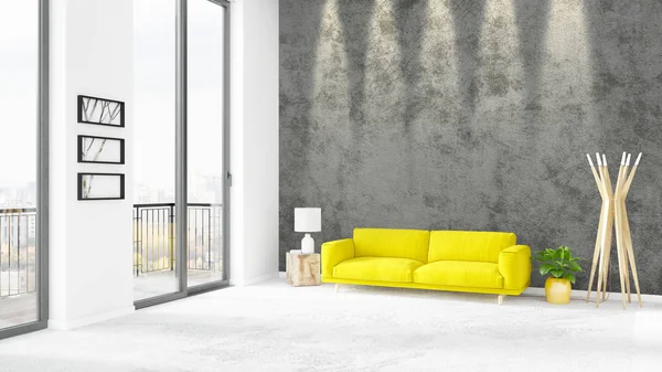 Yepyeni beyaz çatı katı yatak odası en az stil iç tasarım boşaltmak duvar ve görünümü penceresi dışında. 3D render.