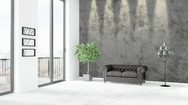 Новый белый чердак спальни минимального стиля интерьера с копировальной стеной и видом из окна. 3D рендеринг . — стоковое фото