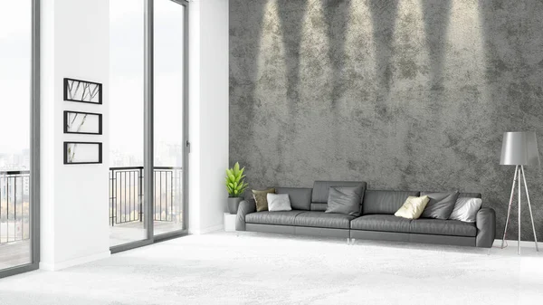 Yepyeni beyaz çatı katı yatak odası en az stil iç tasarım boşaltmak duvar ve görünümü penceresi dışında. 3D render.