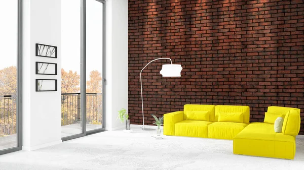 Brandneue weiße Loft Schlafzimmer minimalen Stil Innenarchitektur mit Copyspace Wand und Blick aus dem Fenster. 3D-Darstellung. — Stockfoto