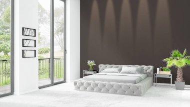 Yepyeni beyaz çatı katı yatak odası en az stil iç tasarım boşaltmak duvar ve görünümü penceresi dışında. 3D render.