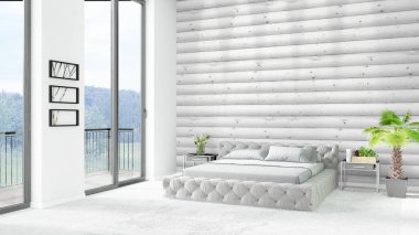 Yepyeni beyaz çatı katı yatak odası en az stil iç tasarım boşaltmak duvar ve görünümü penceresi dışında. 3D render.