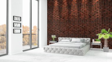 Yepyeni beyaz çatı katı yatak odası en az stil iç tasarım boşaltmak duvar ve görünümü penceresi dışında. 3D render.