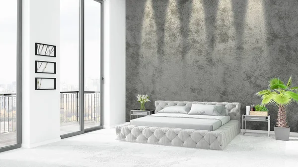 Yepyeni beyaz çatı katı yatak odası en az stil iç tasarım boşaltmak duvar ve görünümü penceresi dışında. 3D render.
