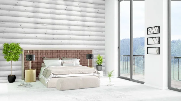 Nuevo dormitorio loft blanco de diseño interior de estilo minimalista con pared de copyspace y vista desde la ventana. Renderizado 3D . —  Fotos de Stock
