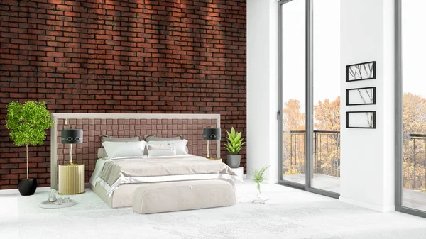 Yepyeni beyaz çatı katı yatak odası en az stil iç tasarım boşaltmak duvar ve görünümü penceresi dışında. 3D render.