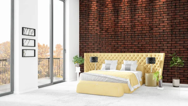 Yepyeni beyaz çatı katı yatak odası en az stil iç tasarım boşaltmak duvar ve görünümü penceresi dışında. 3D render.