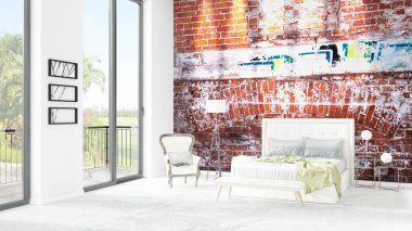 Yepyeni beyaz çatı katı yatak odası en az stil iç tasarım boşaltmak duvar ve görünümü penceresi dışında. 3D render.