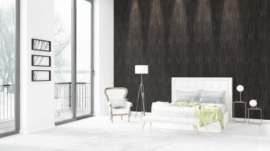 Yepyeni beyaz çatı katı yatak odası en az stil iç tasarım boşaltmak duvar ve görünümü penceresi dışında. 3D render.