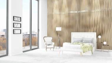 Yepyeni beyaz çatı katı yatak odası en az stil iç tasarım boşaltmak duvar ve görünümü penceresi dışında. 3D render.