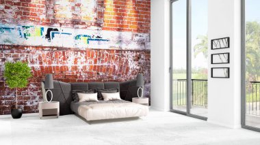 Yepyeni beyaz çatı katı yatak odası en az stil iç tasarım boşaltmak duvar ve görünümü penceresi dışında. 3D render.