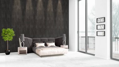 Yepyeni beyaz çatı katı yatak odası en az stil iç tasarım boşaltmak duvar ve görünümü penceresi dışında. 3D render.