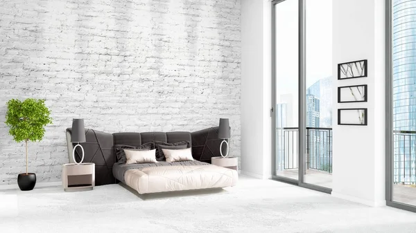 Yepyeni beyaz çatı katı yatak odası en az stil iç tasarım boşaltmak duvar ve görünümü penceresi dışında. 3D render.