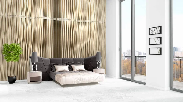 Yepyeni beyaz çatı katı yatak odası en az stil iç tasarım boşaltmak duvar ve görünümü penceresi dışında. 3D render.