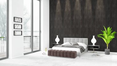 Yepyeni beyaz çatı katı yatak odası en az stil iç tasarım boşaltmak duvar ve görünümü penceresi dışında. 3D render.