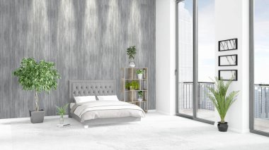 Yepyeni beyaz çatı katı yatak odası en az stil iç tasarım boşaltmak duvar ve görünümü penceresi dışında. 3D render.