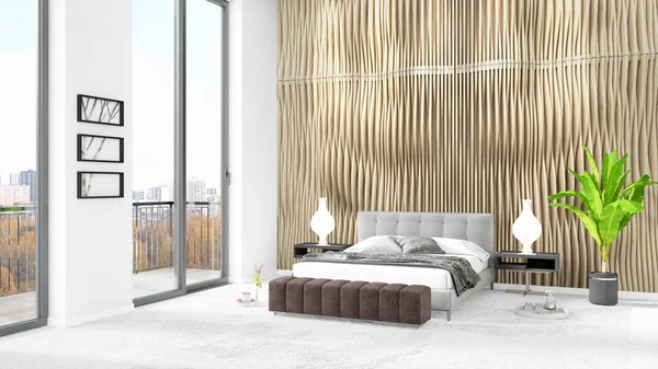Yepyeni beyaz çatı katı yatak odası en az stil iç tasarım boşaltmak duvar ve görünümü penceresi dışında. 3D render.