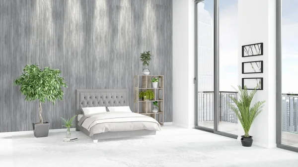 Yepyeni beyaz çatı katı yatak odası en az stil iç tasarım boşaltmak duvar ve görünümü penceresi dışında. 3D render.