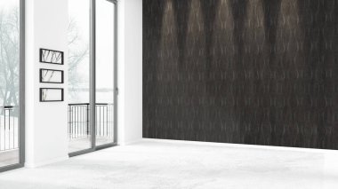 Yepyeni beyaz çatı katı yatak odası en az stil iç tasarım boşaltmak duvar ve görünümü penceresi dışında. 3D render.