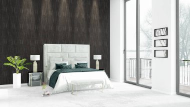 Yepyeni beyaz çatı katı yatak odası en az stil iç tasarım boşaltmak duvar ve görünümü penceresi dışında. 3D render.