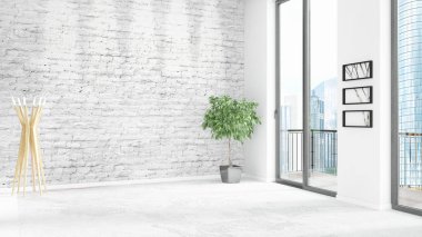 Yepyeni beyaz çatı katı yatak odası en az stil iç tasarım boşaltmak duvar ve görünümü penceresi dışında. 3D render.