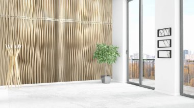 Yepyeni beyaz çatı katı yatak odası en az stil iç tasarım boşaltmak duvar ve görünümü penceresi dışında. 3D render.