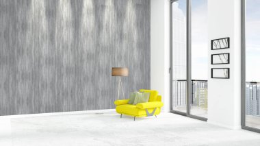 Yepyeni beyaz çatı katı yatak odası en az stil iç tasarım boşaltmak duvar ve görünümü penceresi dışında. 3D render.