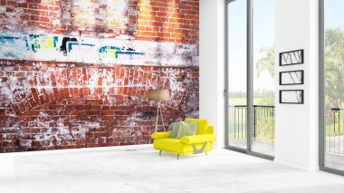 Yepyeni beyaz çatı katı yatak odası en az stil iç tasarım boşaltmak duvar ve görünümü penceresi dışında. 3D render.