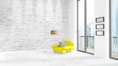 Yepyeni beyaz çatı katı yatak odası en az stil iç tasarım boşaltmak duvar ve görünümü penceresi dışında. 3D render.