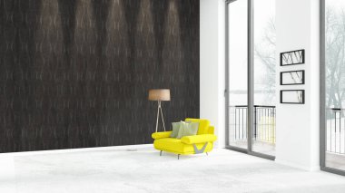 Yepyeni beyaz çatı katı yatak odası en az stil iç tasarım boşaltmak duvar ve görünümü penceresi dışında. 3D render.