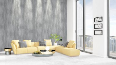 Yepyeni beyaz çatı katı yatak odası en az stil iç tasarım boşaltmak duvar ve görünümü penceresi dışında. 3D render.