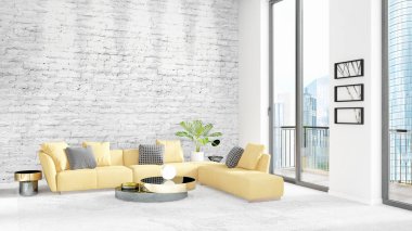 Yepyeni beyaz çatı katı yatak odası en az stil iç tasarım boşaltmak duvar ve görünümü penceresi dışında. 3D render.