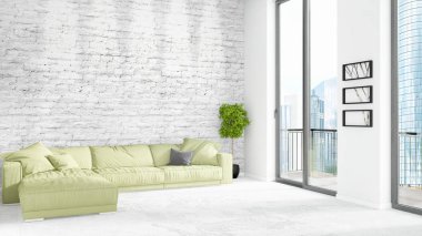 Yepyeni beyaz çatı katı yatak odası en az stil iç tasarım boşaltmak duvar ve görünümü penceresi dışında. 3D render.