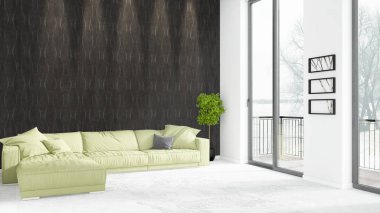 Yepyeni beyaz çatı katı yatak odası en az stil iç tasarım boşaltmak duvar ve görünümü penceresi dışında. 3D render.