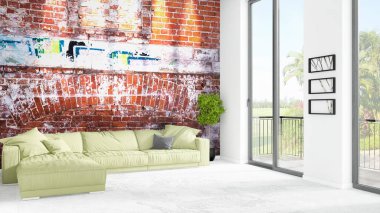 Yepyeni beyaz çatı katı yatak odası en az stil iç tasarım boşaltmak duvar ve görünümü penceresi dışında. 3D render.