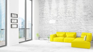 Yepyeni beyaz çatı katı yatak odası en az stil iç tasarım boşaltmak duvar ve görünümü penceresi dışında. 3D render.