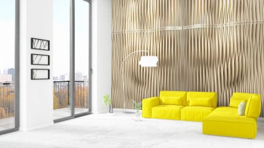 Yepyeni beyaz çatı katı yatak odası en az stil iç tasarım boşaltmak duvar ve görünümü penceresi dışında. 3D render.