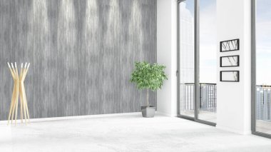 Yepyeni beyaz çatı katı yatak odası en az stil iç tasarım boşaltmak duvar ve görünümü penceresi dışında. 3D render.