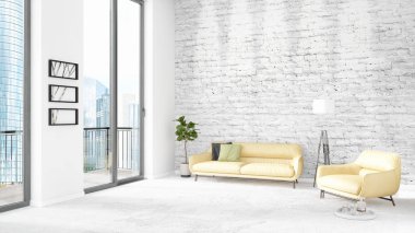 Yepyeni beyaz çatı katı yatak odası en az stil iç tasarım boşaltmak duvar ve görünümü penceresi dışında. 3D render.