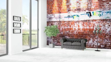 Yepyeni beyaz çatı katı yatak odası en az stil iç tasarım boşaltmak duvar ve görünümü penceresi dışında. 3D render.