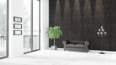 Yepyeni beyaz çatı katı yatak odası en az stil iç tasarım boşaltmak duvar ve görünümü penceresi dışında. 3D render.