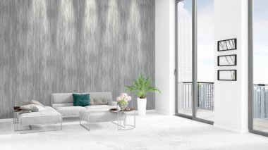 Yepyeni beyaz çatı katı yatak odası en az stil iç tasarım boşaltmak duvar ve görünümü penceresi dışında. 3D render.