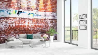 Yepyeni beyaz çatı katı yatak odası en az stil iç tasarım boşaltmak duvar ve görünümü penceresi dışında. 3D render.