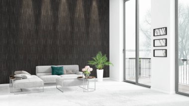 Yepyeni beyaz çatı katı yatak odası en az stil iç tasarım boşaltmak duvar ve görünümü penceresi dışında. 3D render.