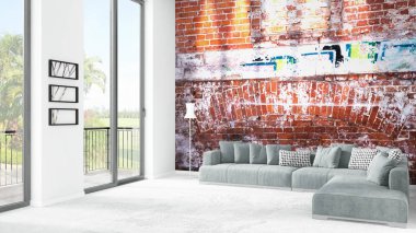 Yepyeni beyaz çatı katı yatak odası en az stil iç tasarım boşaltmak duvar ve görünümü penceresi dışında. 3D render.